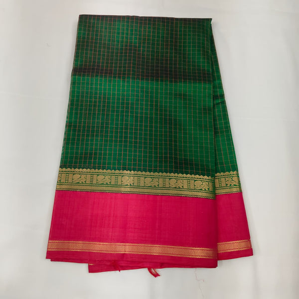 Kuppadam Saree in Green Checks with Rani Pink Border, view 1