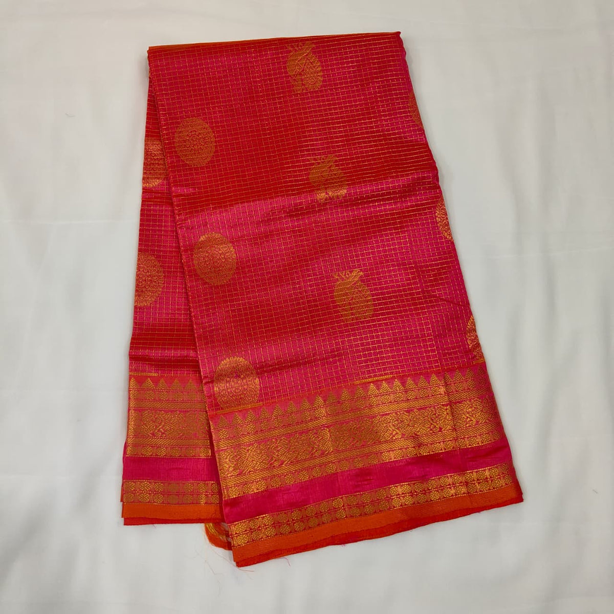 Kuppadam Saree in Rani Pink with Gold Buttas, view 1