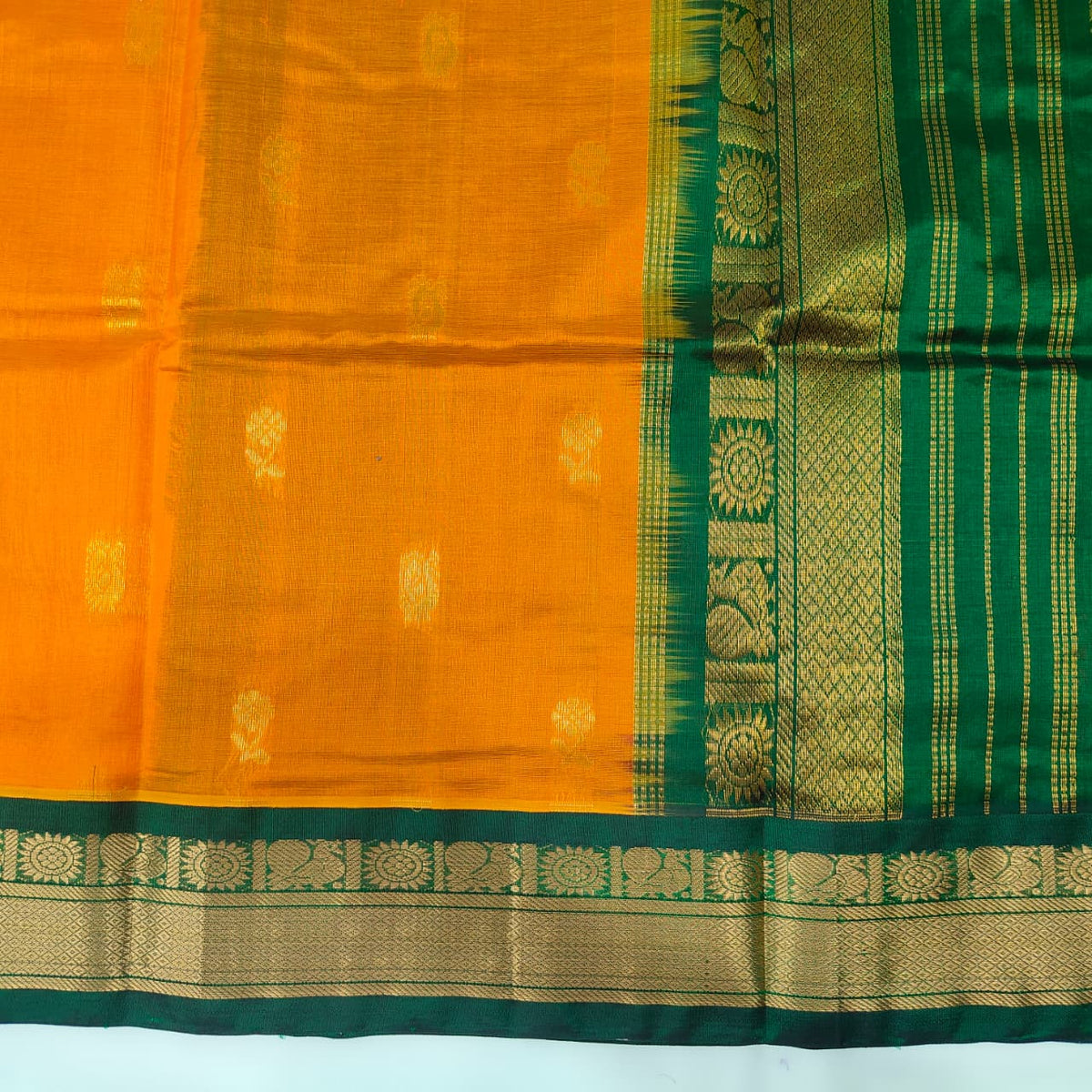 Kuppadam Saree in Orange with Bottle Green Border, view 3