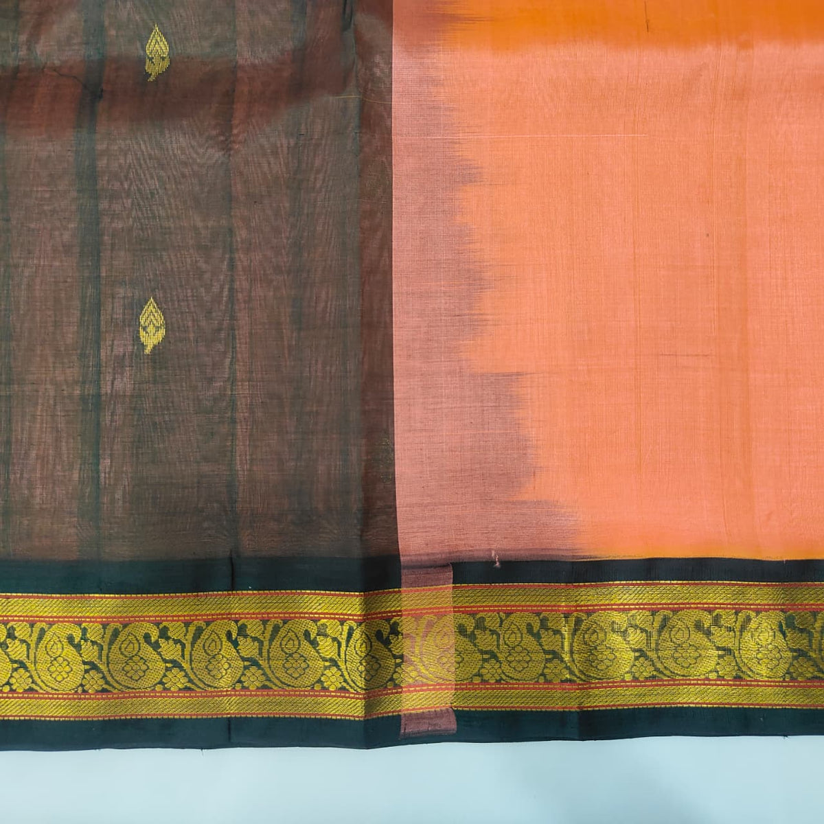 Kuppadam Saree in Peach with Dark Green Border, view 2