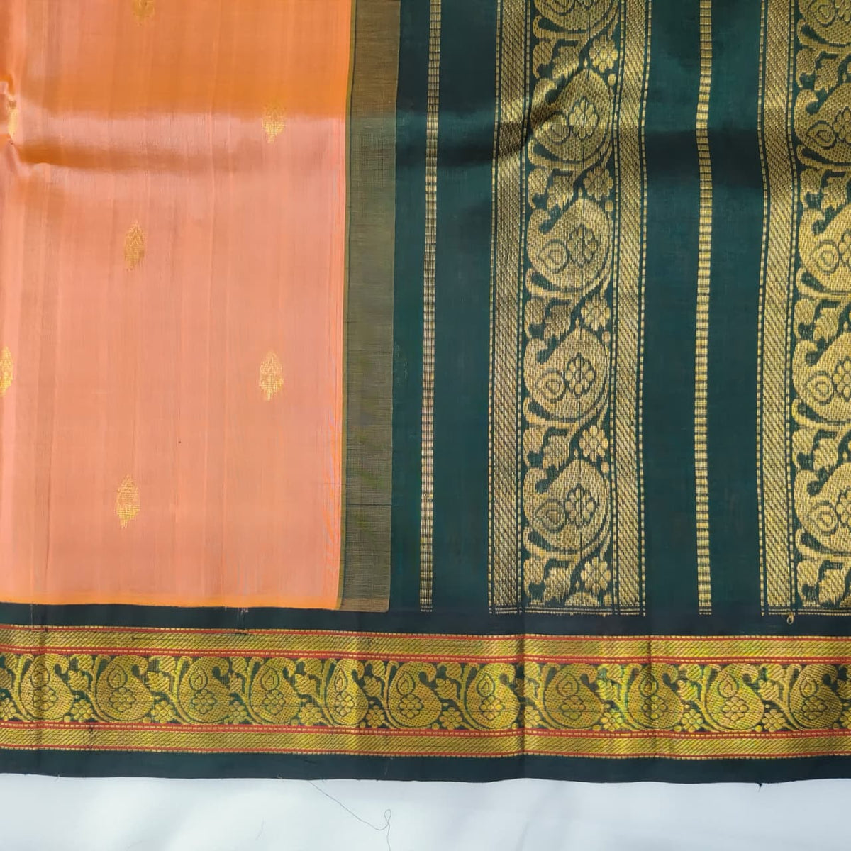 Kuppadam Saree in Peach with Dark Green Border, view 3