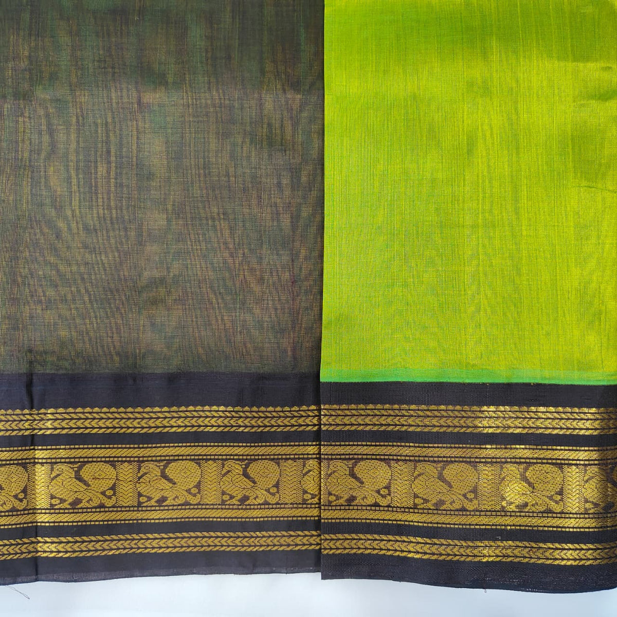 Kuppadam Saree in Parrot Green with Black Border, view 2