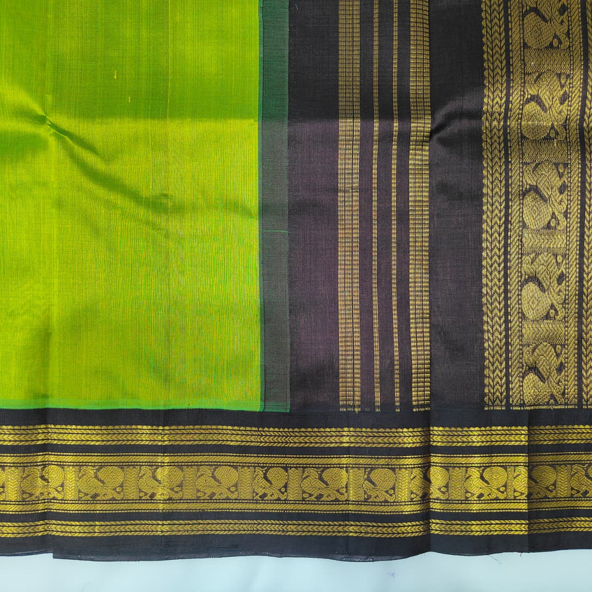 Kuppadam Saree in Parrot Green with Black Border, view 3