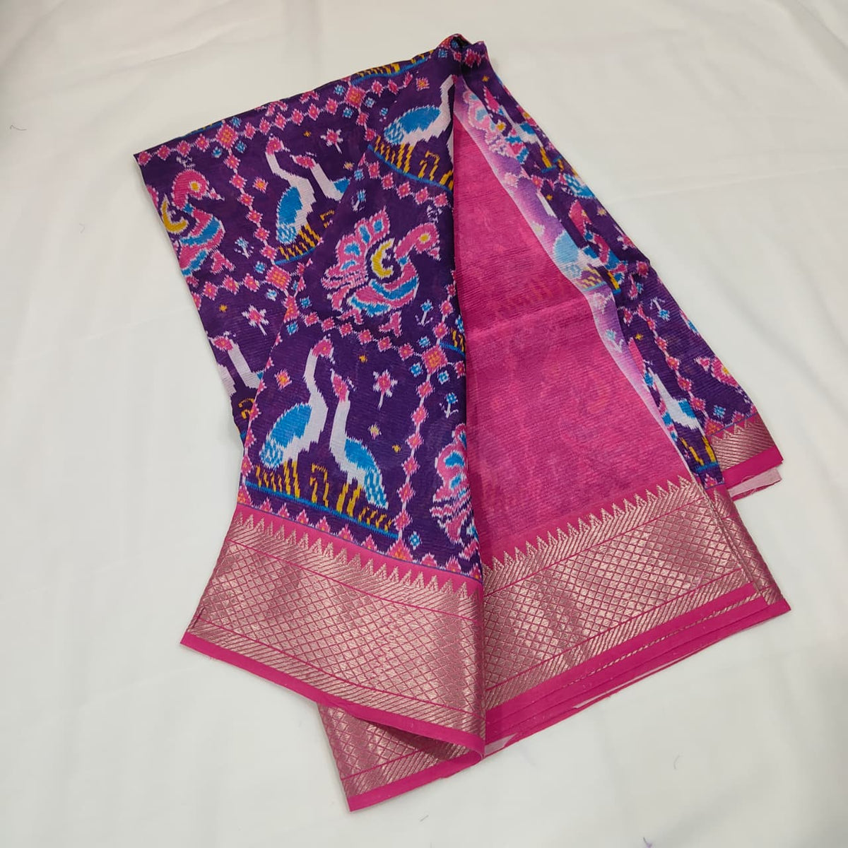 Mangalagiri Saree in Purple with Peacock Motifs, view 2