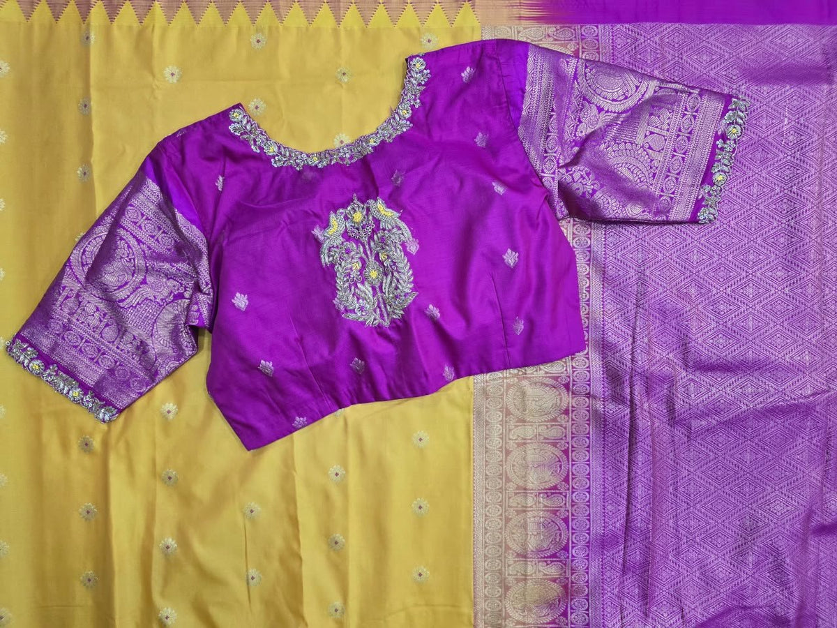 Mustard Saree with Magenta Pallu, view 2