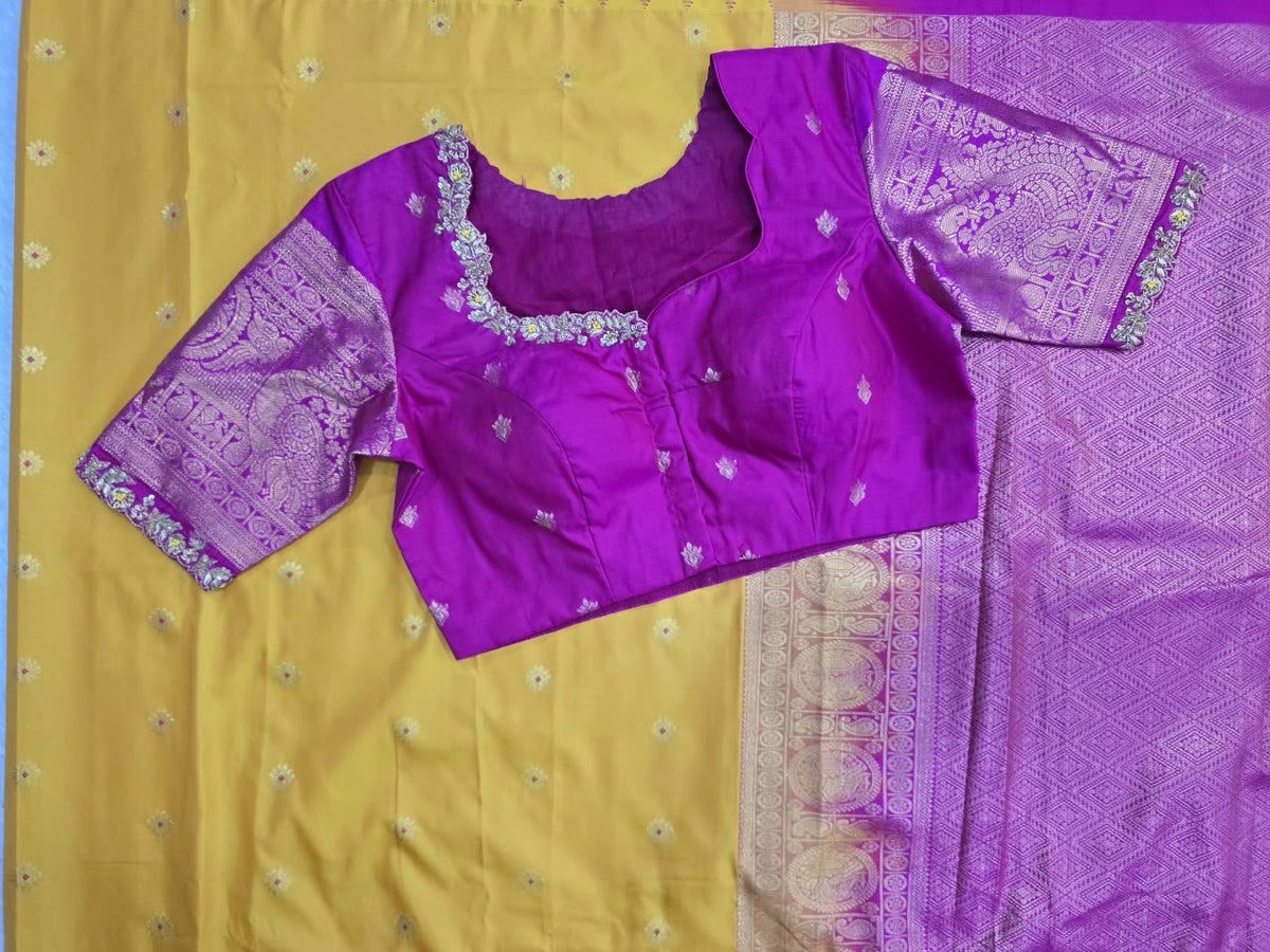 Mustard Saree with Magenta Pallu, view 3