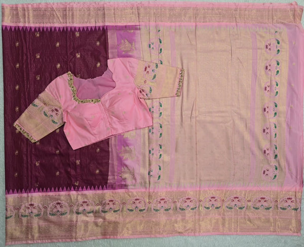 Wine Checked Saree with Pink Lotus Border, main view