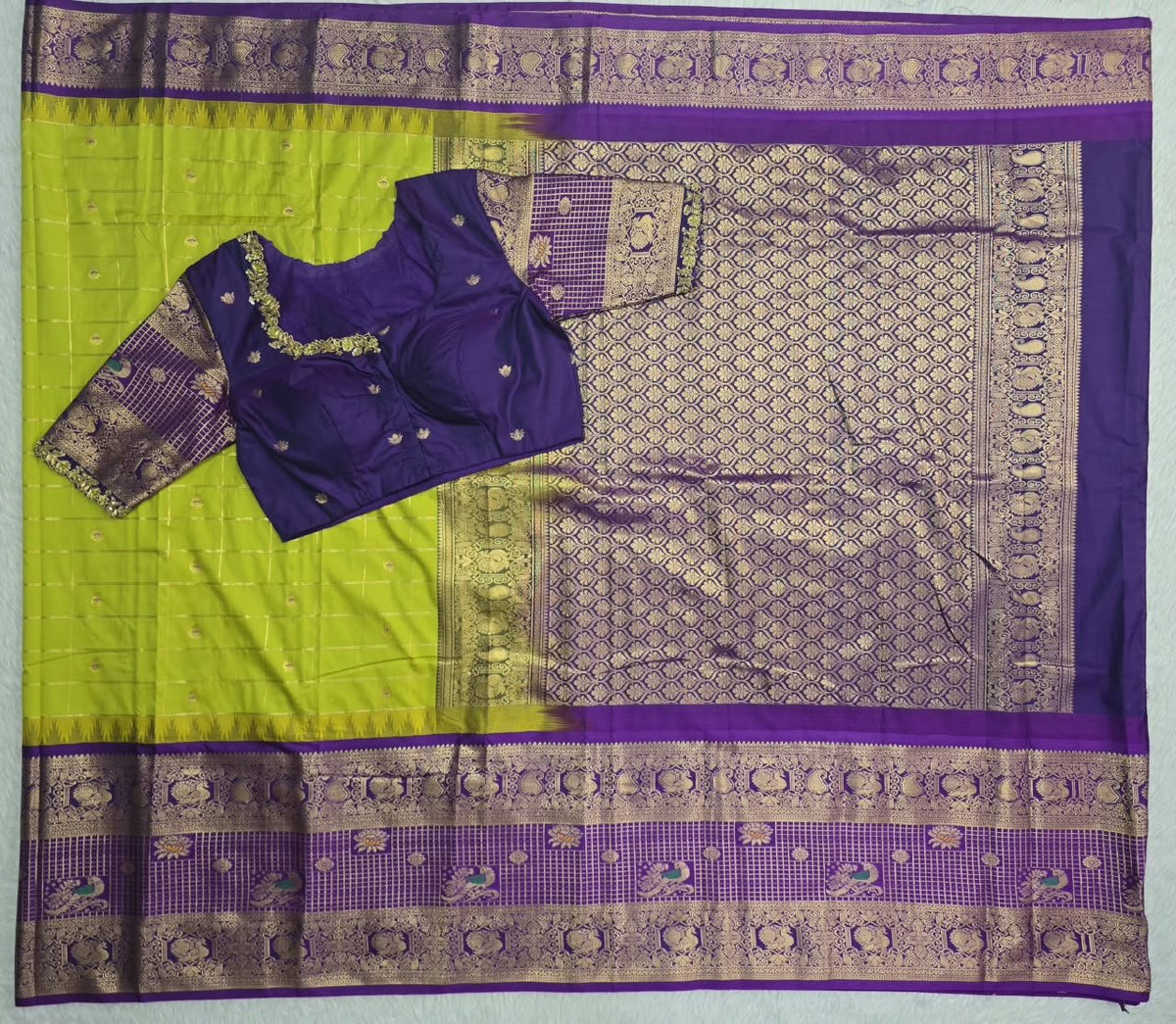 Lime Green Saree with Purple Peacock Border, main view