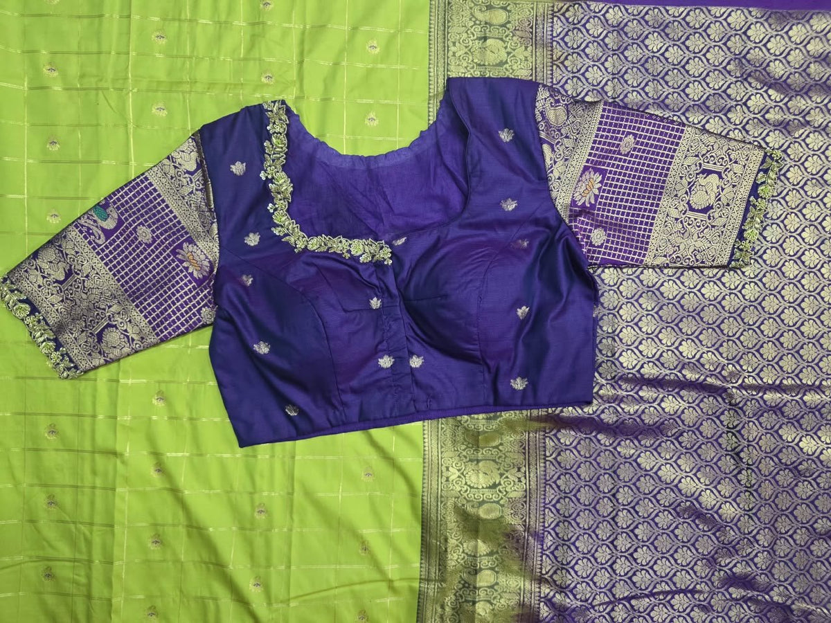Lime Green Saree with Purple Peacock Border, view 2