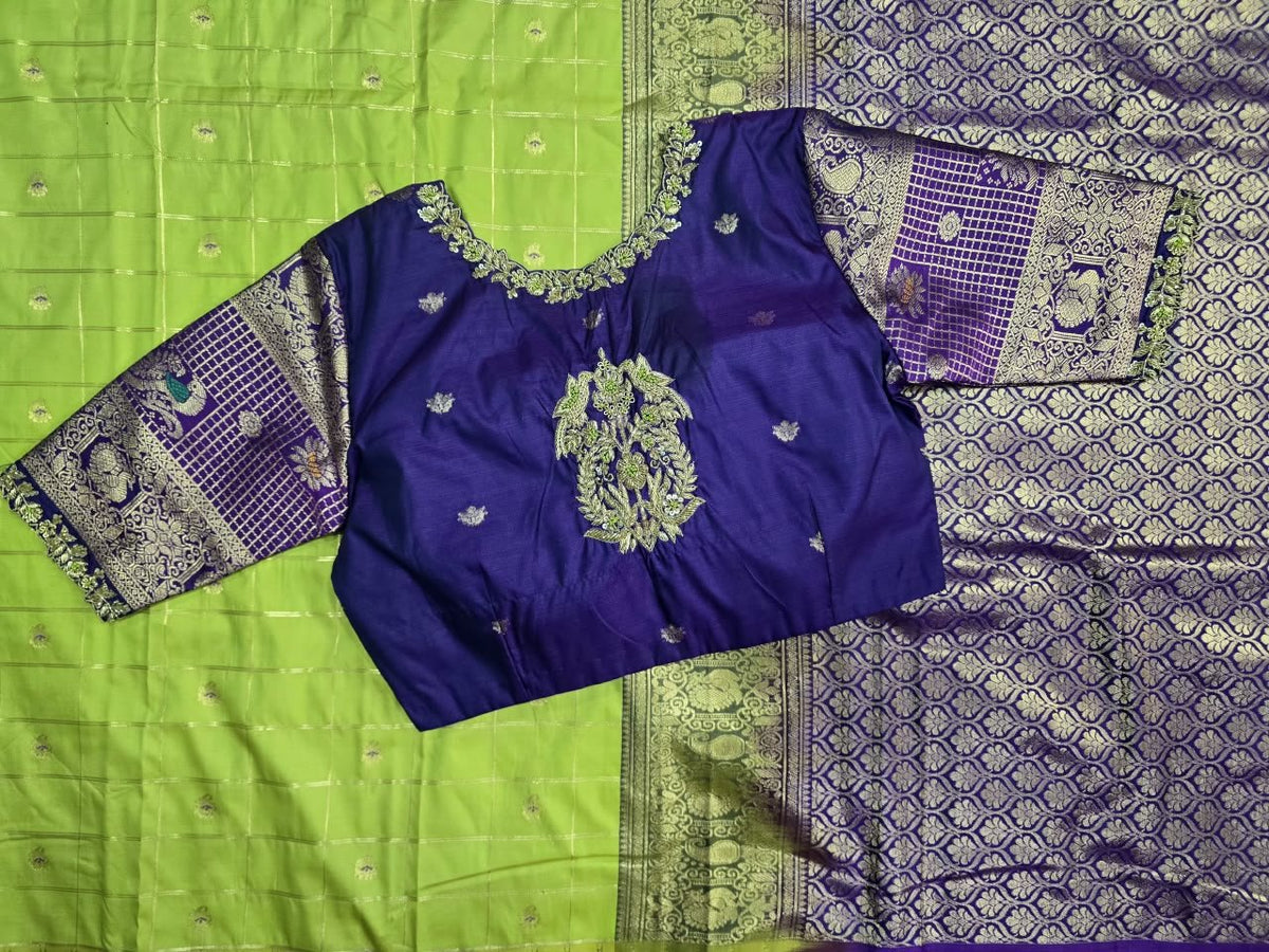 Lime Green Saree with Purple Peacock Border, view 3