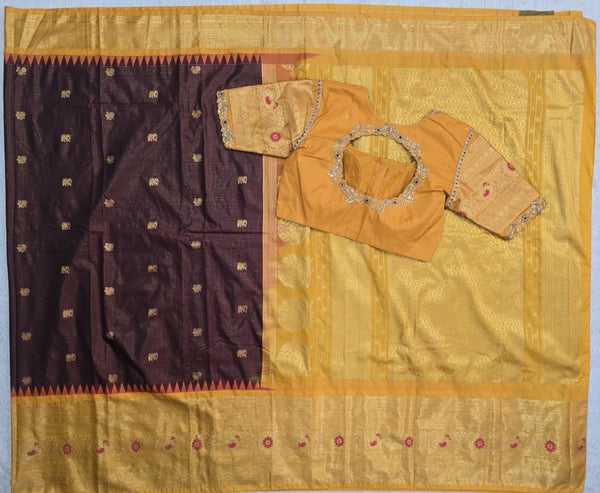 Aubergine Saree with Elephant Buttis and Mustard Pallu, main view