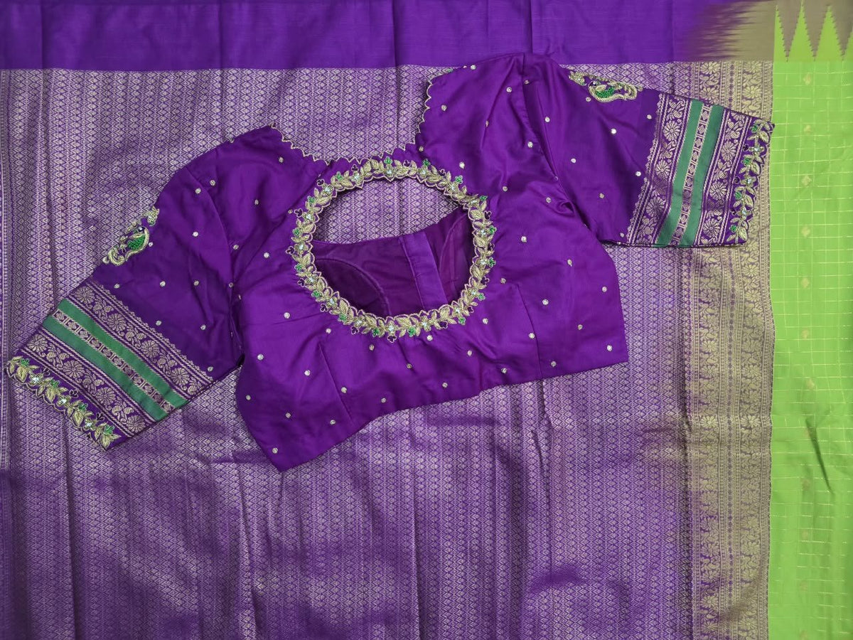 Lime Green Checked Saree with Purple Pallu, view 2