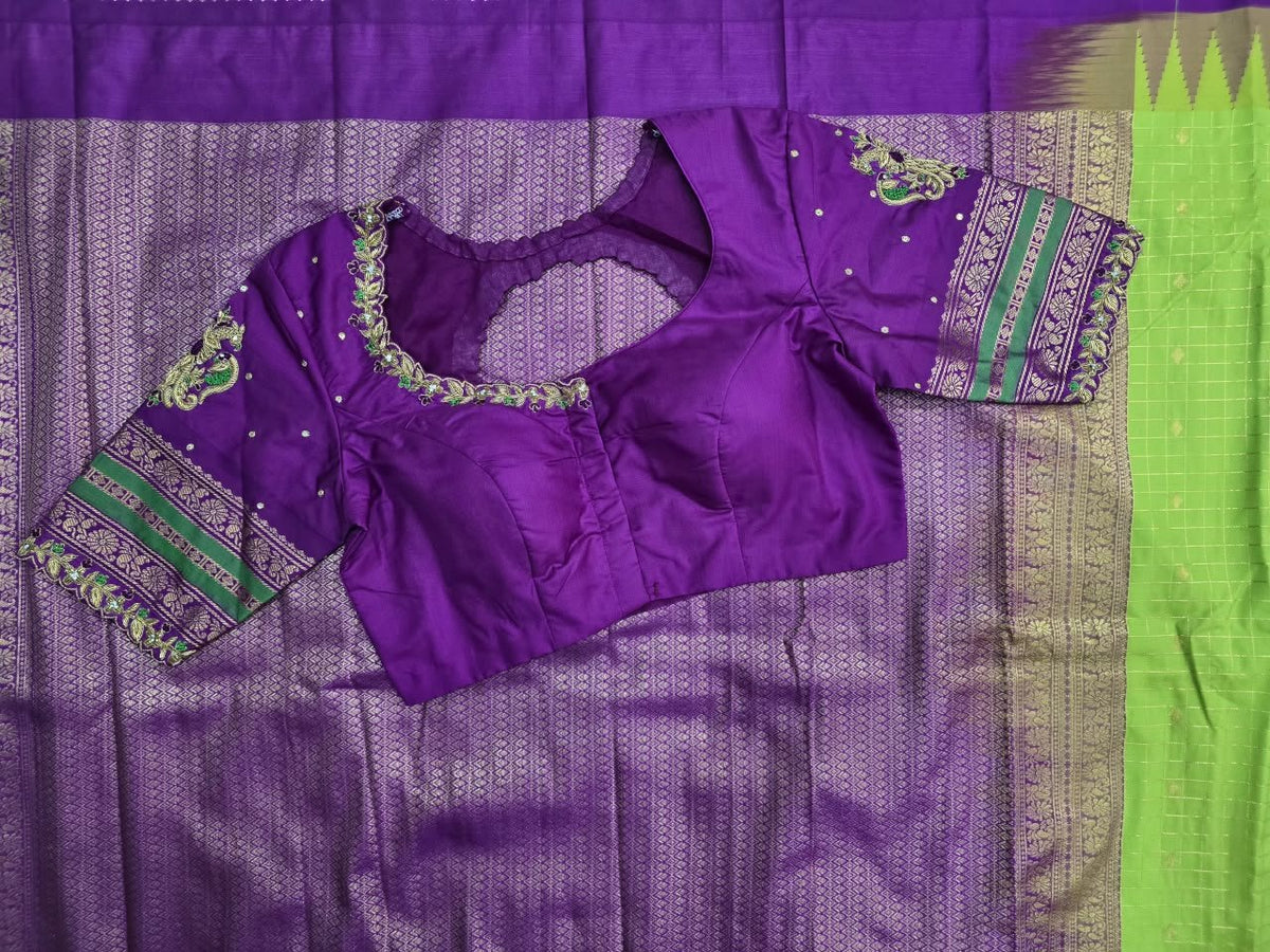 Lime Green Checked Saree with Purple Pallu, view 3