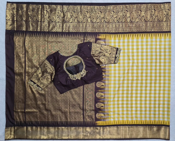 Yellow Gingham Saree with Aubergine Paisley Pallu, main view