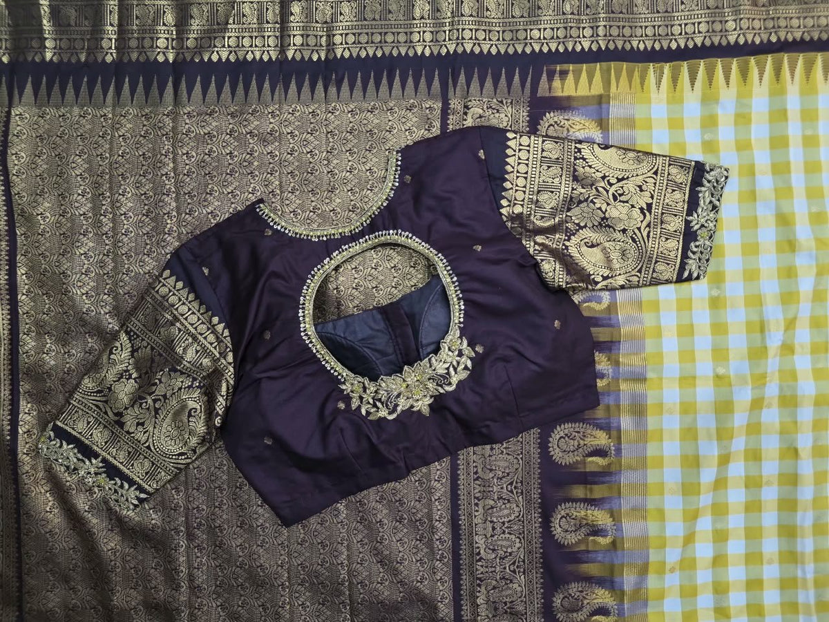 Yellow Gingham Saree with Aubergine Paisley Pallu, view 2