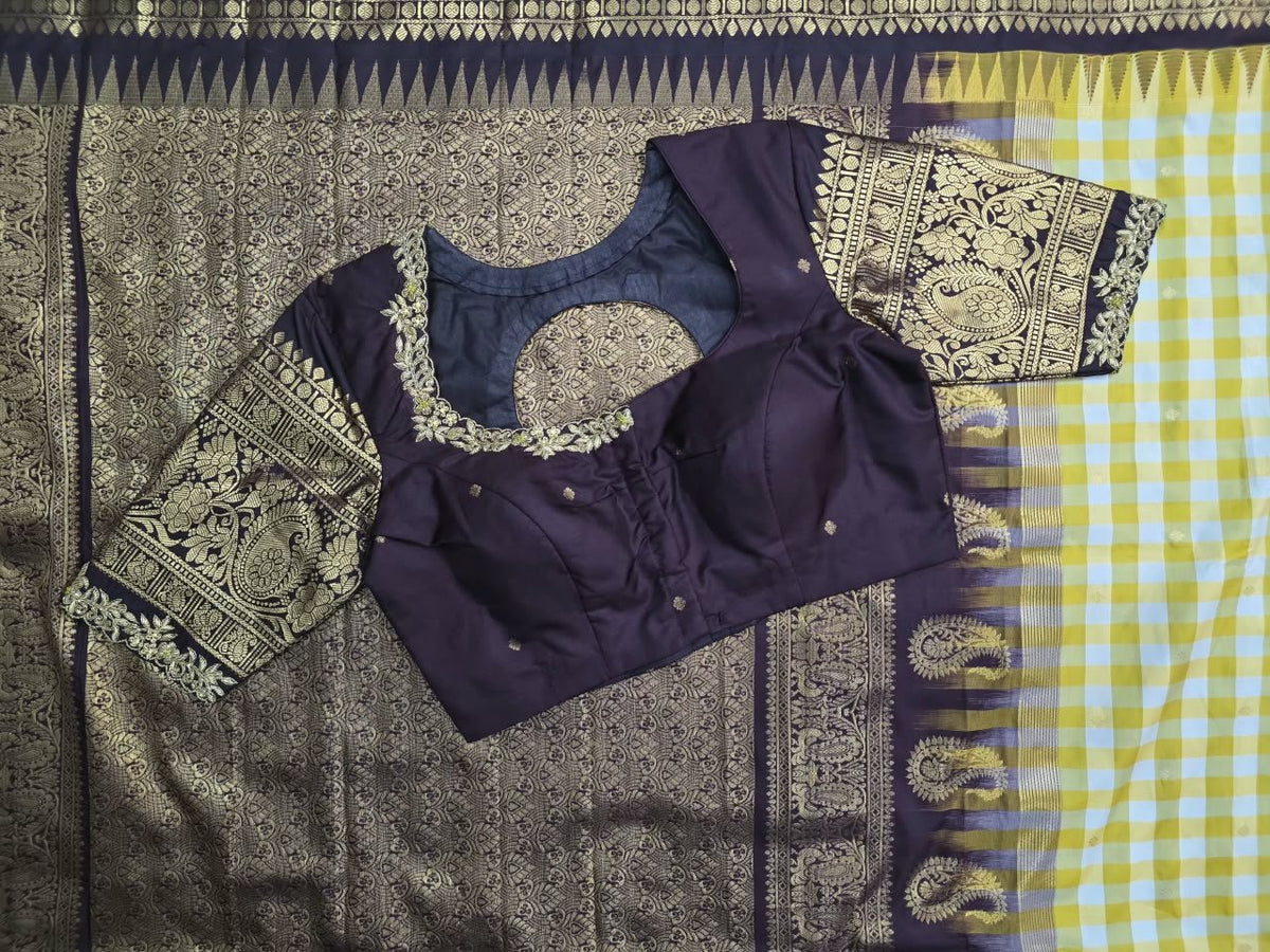 Yellow Gingham Saree with Aubergine Paisley Pallu, view 3