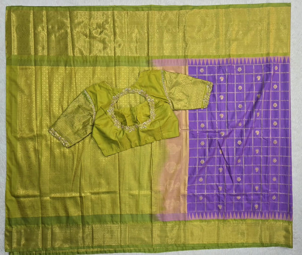 Olive Gold Saree with Violet Checked Panel, main view
