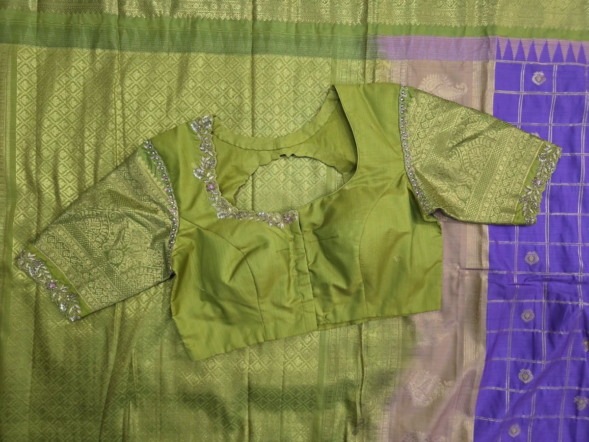 Olive Gold Saree with Violet Checked Panel, view 2