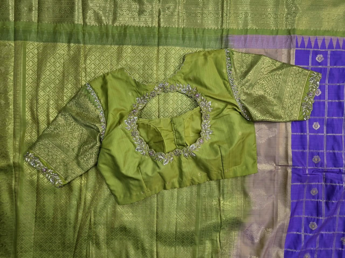 Olive Gold Saree with Violet Checked Panel, view 3