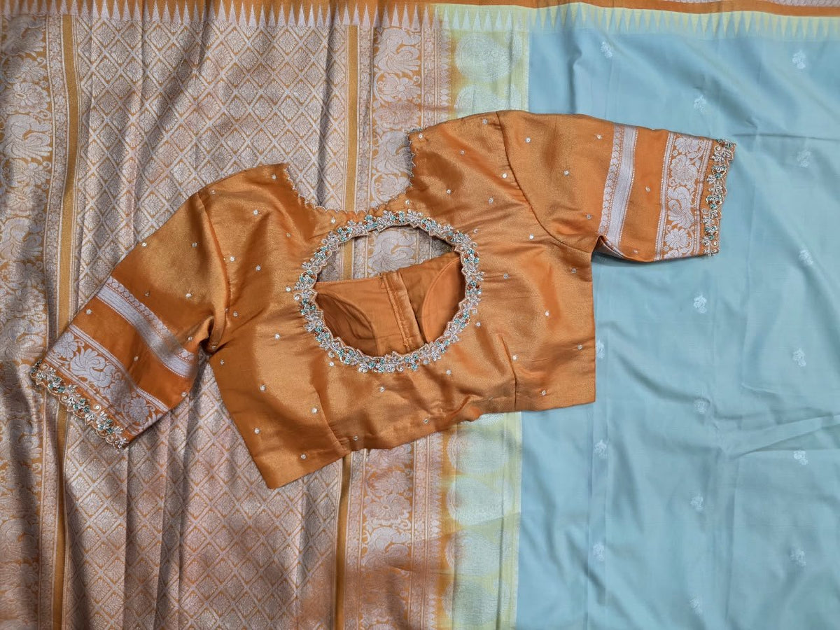 Powder Blue Saree with Orange Border, view 3