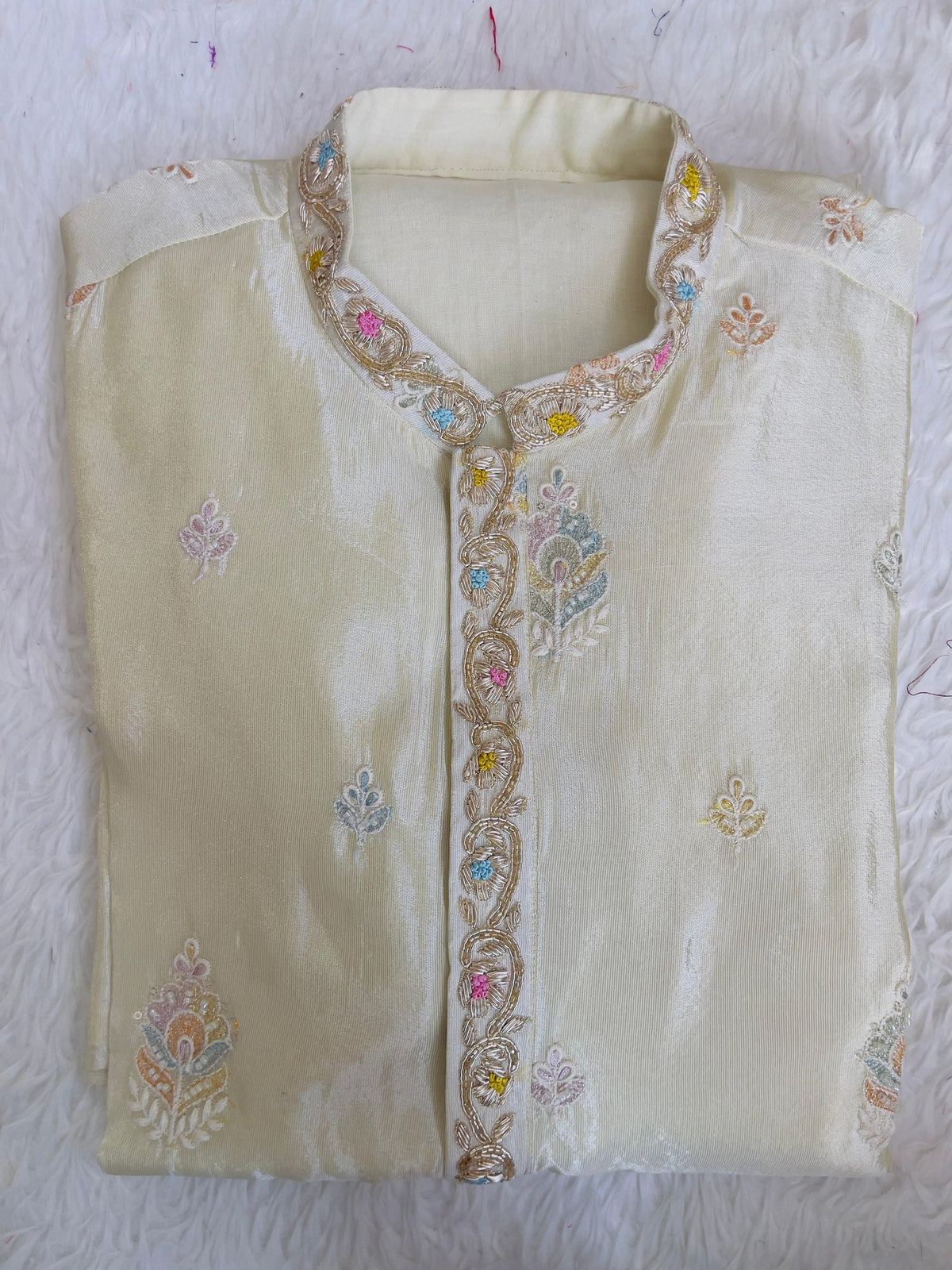 Ivory Kurta with Pastel Thread Embroidery