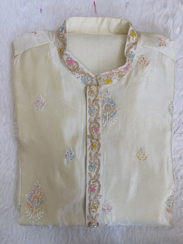 Ivory Kurta with Pastel Thread Embroidery