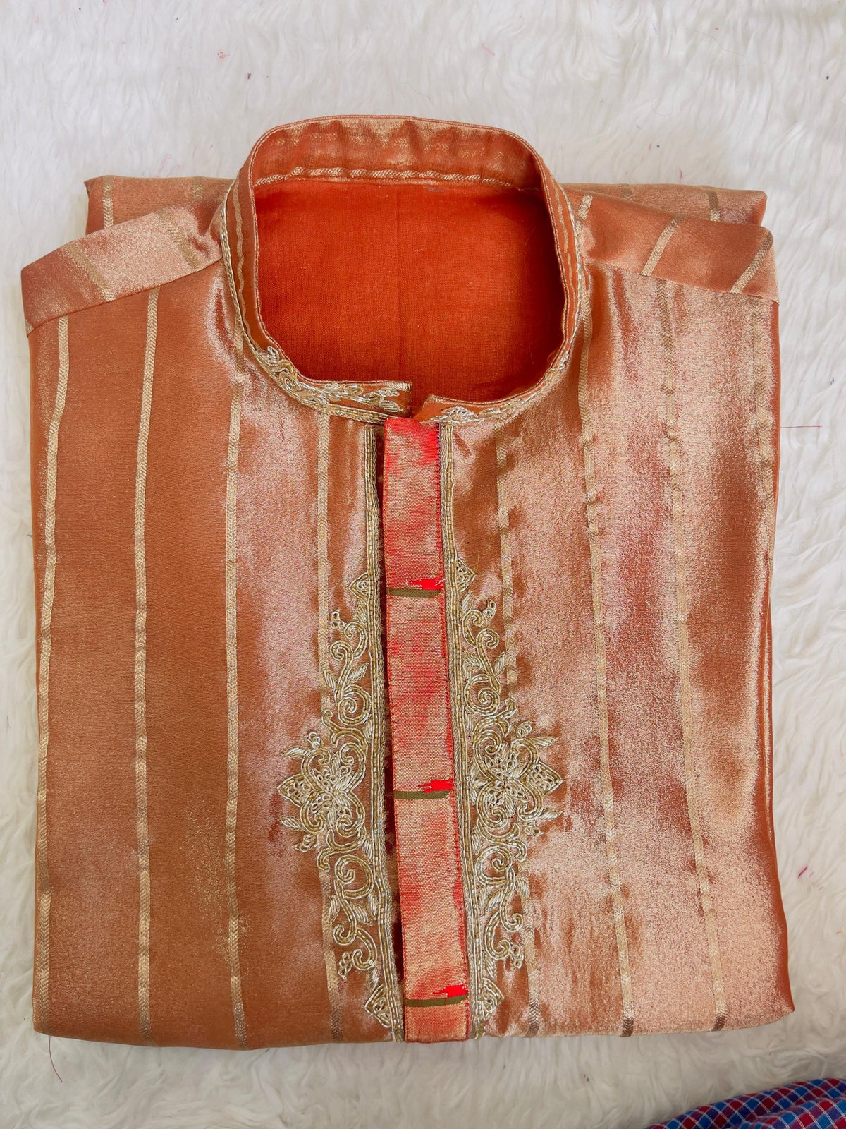 Copper Striped Kurta with Embroidered Placket