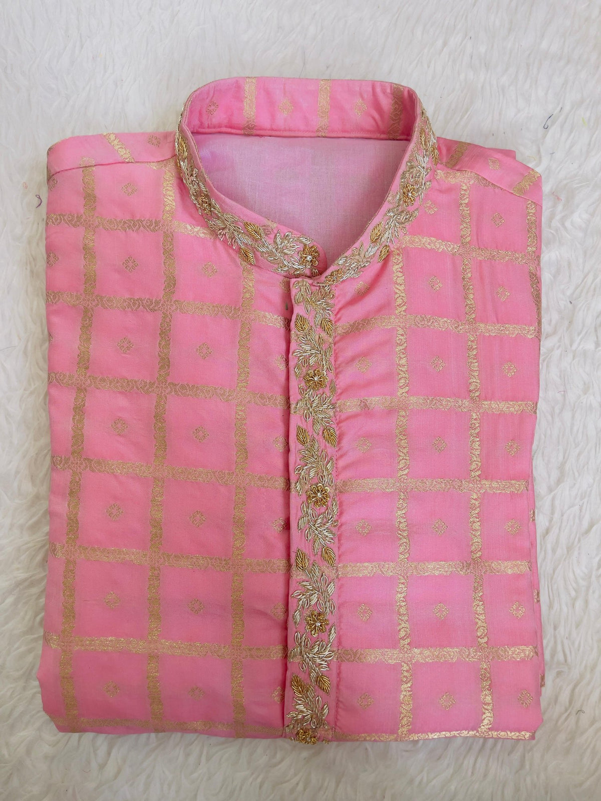 Pink Checked Kurta with Embroidered Placket