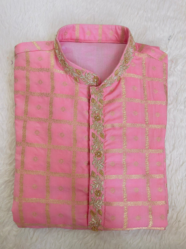 Pink Checked Kurta with Embroidered Placket