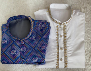 Blue Elephant Print and White Kurta Pair