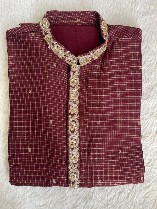 Maroon Checked Kurta with Stone Placket