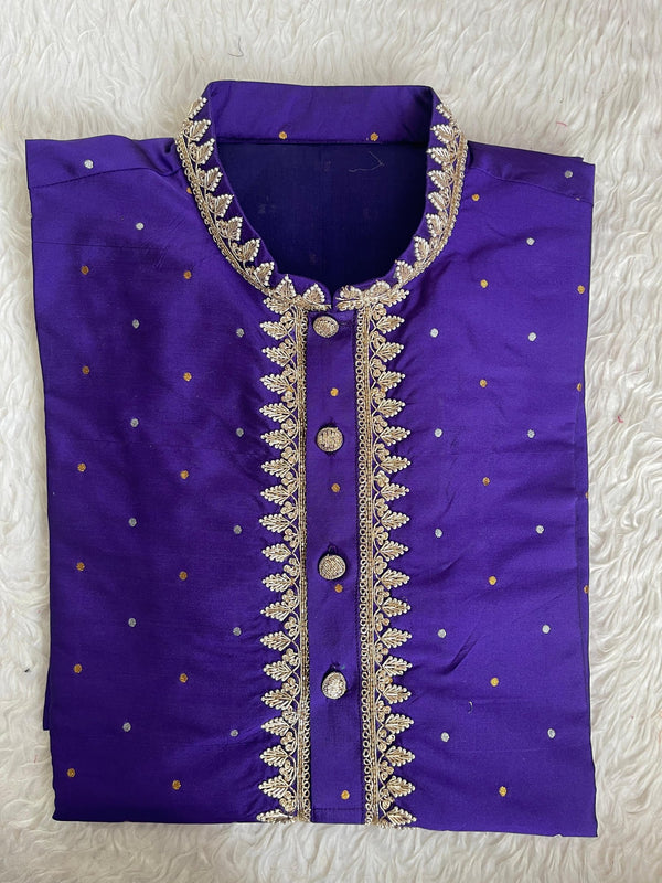 Purple Kurta with Gold Leaf Placket