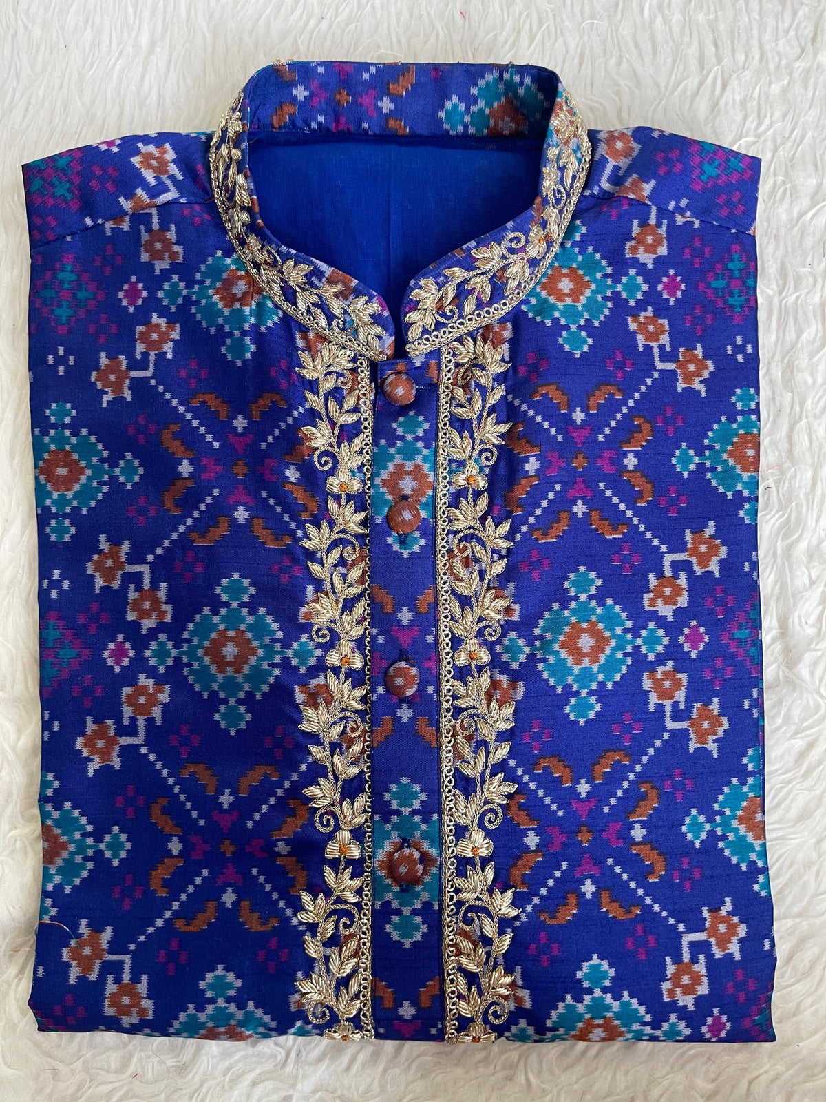 Blue Patola Print Kurta with Embroidered Placket