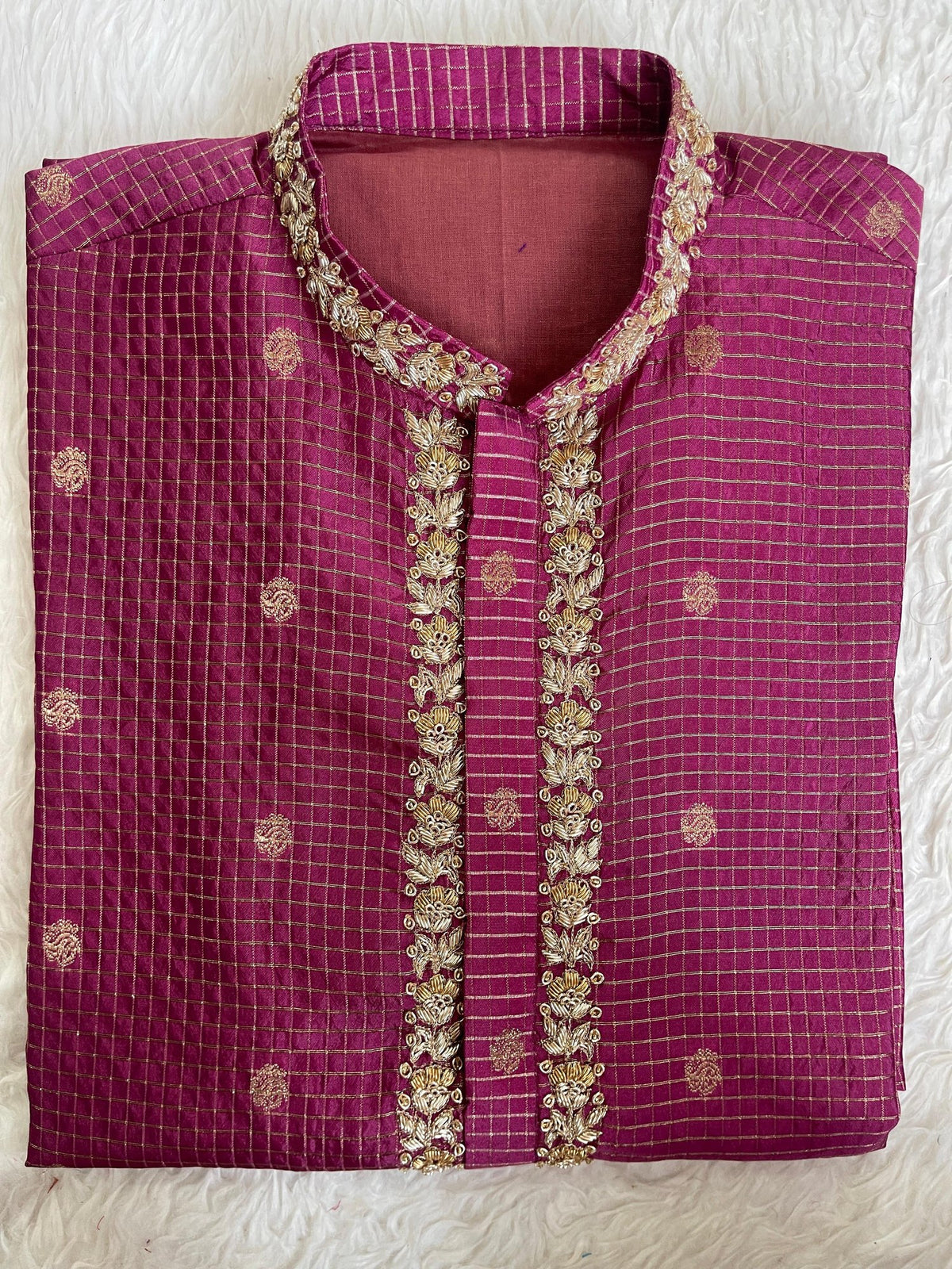 Berry Checked Kurta with Gold Buttas