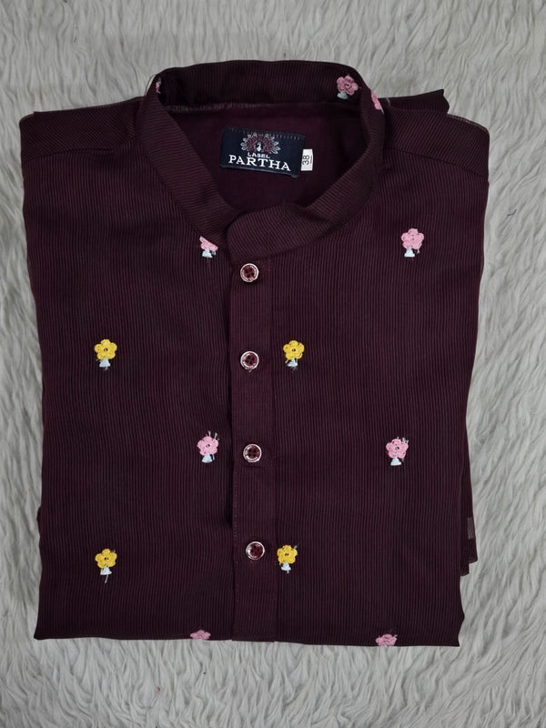 Wine Kurta with Floral Thread Work