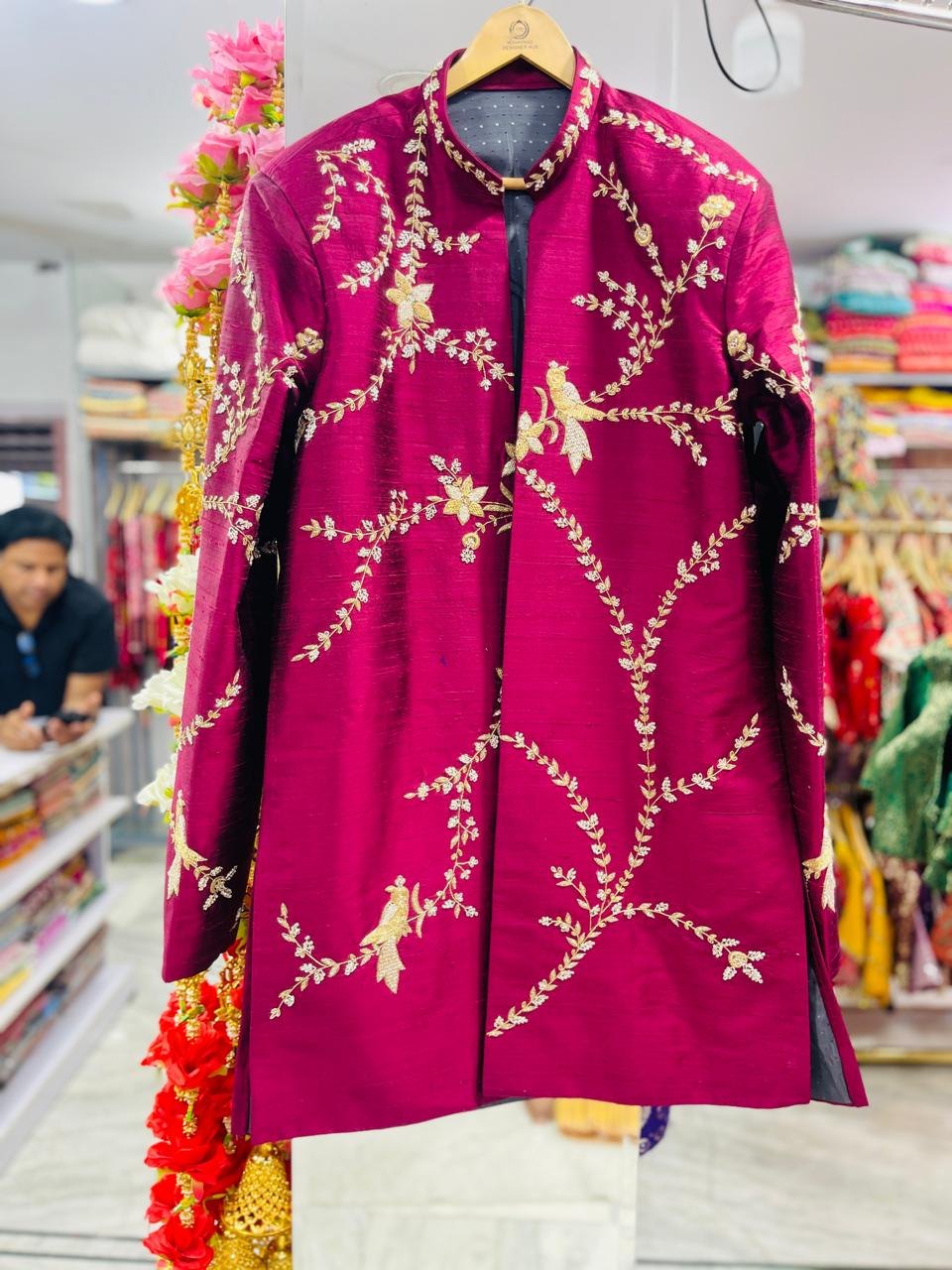 Magenta Sherwani with Gold Bird Vine Embroidery