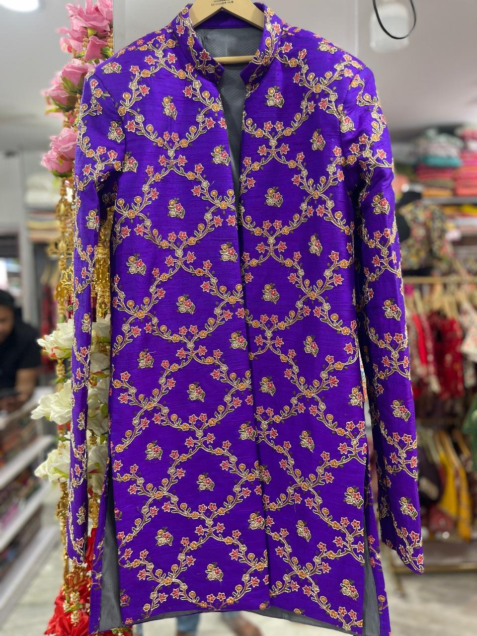 Purple Sherwani with Gold Trellis Embroidery
