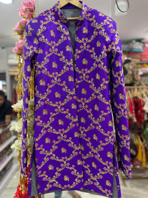 Purple Sherwani with Gold Trellis Embroidery